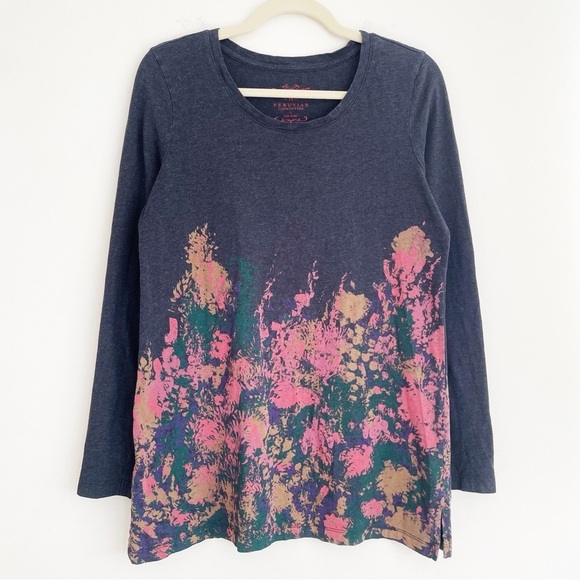 Peruvian Connection Pima cotton long sleeve tee dark floral grey crew small pink - Picture 8 of 8